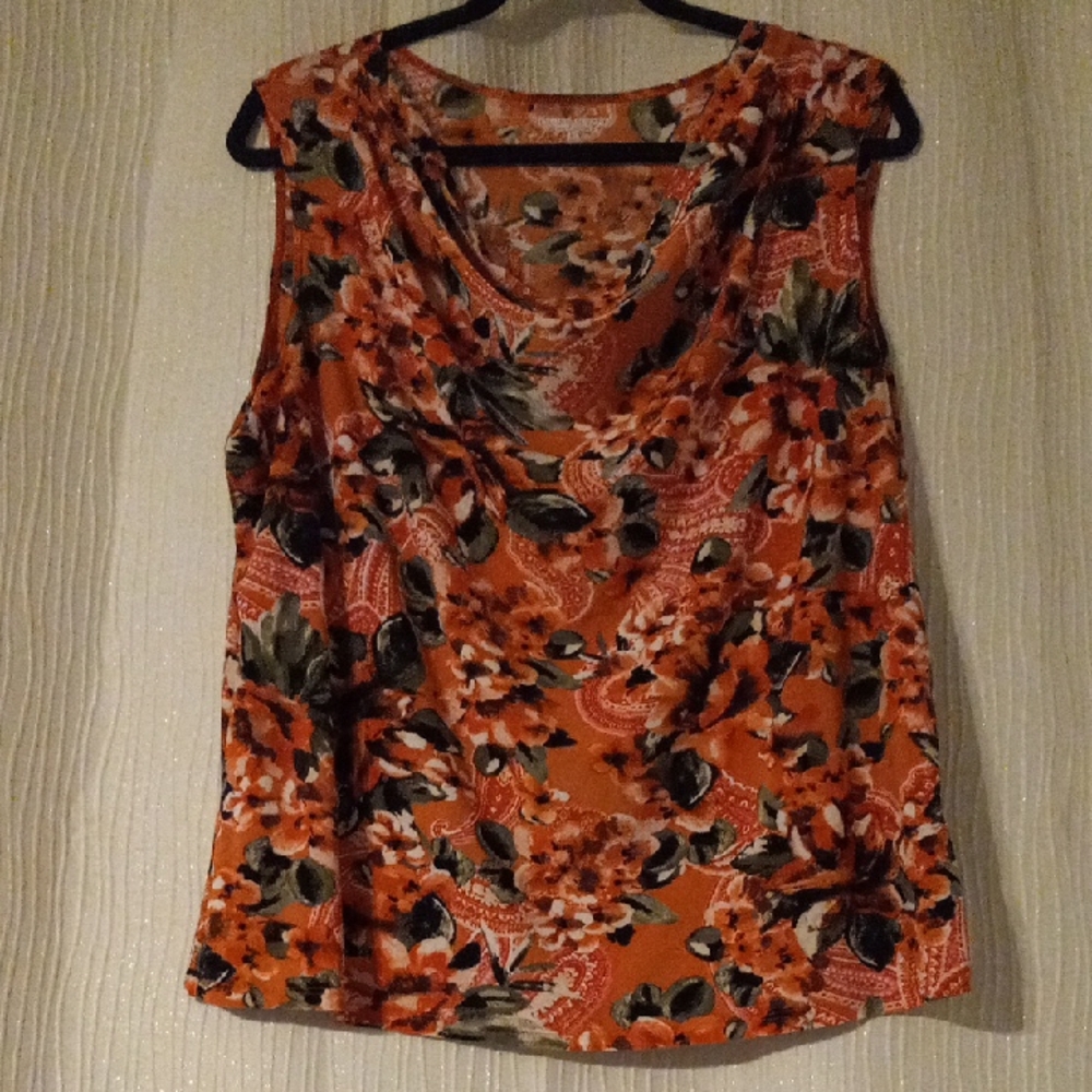 Sleeveless Floral Drape Neck Top - Orange